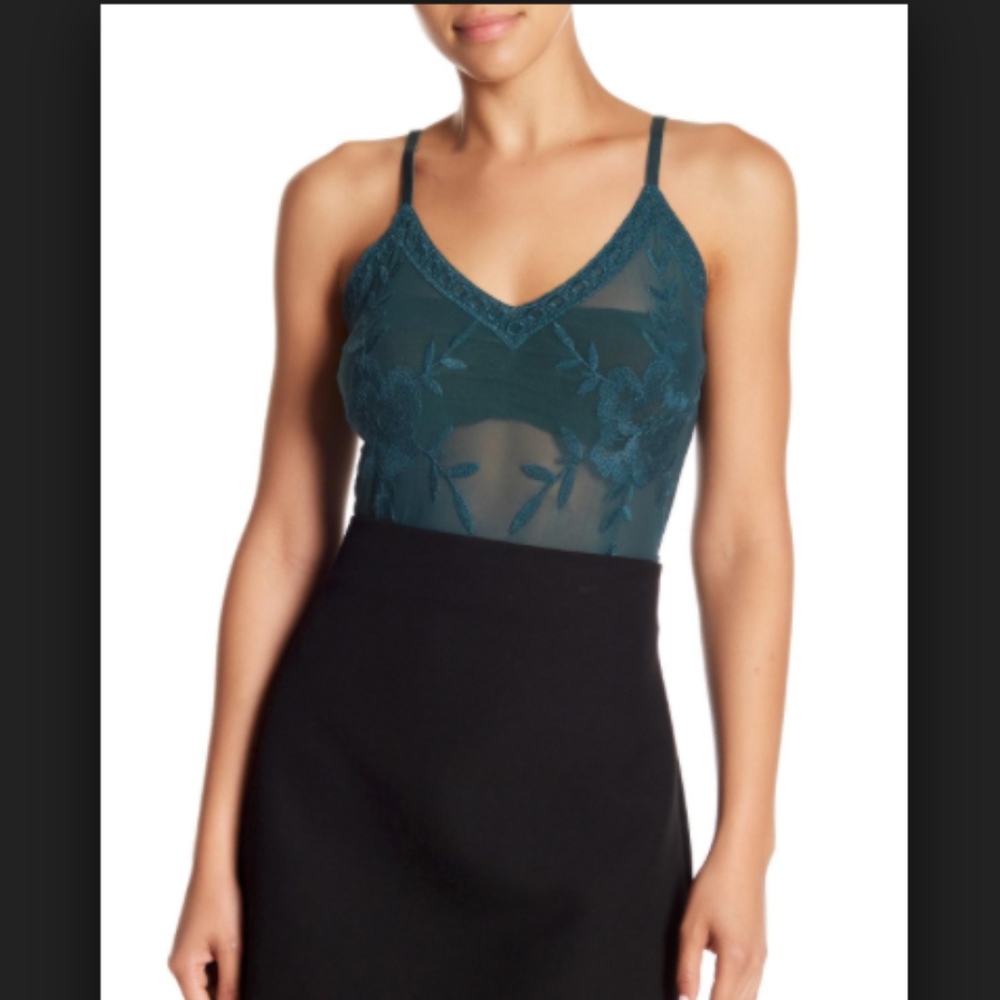 Honey Punch Lace Bodysuit in Green.
